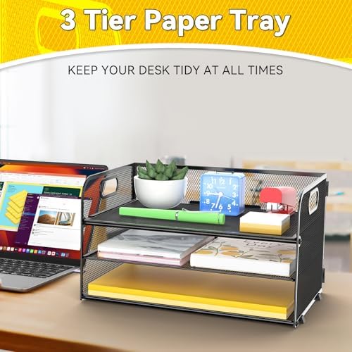 MINDEPOT 3 Tier Paper Organizer Tray with Handle, Mesh Letter Tray - Image 5