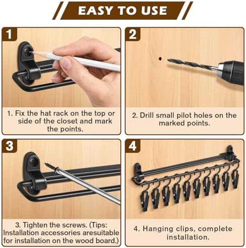 Sliding Hat Organizer with 20 Clips, Hat Organizer for Baseball Caps, Racks for Baseball Caps Wall Space Saving Design, 2 Pack, Black - Image 6