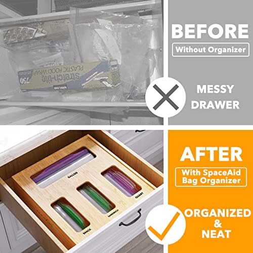 SpaceAid Bag Storage Organizer for Kitchen Drawer, Bamboo Organizer, Compatible with Gallon, Quart, Sandwich and Snack Variety Size Bag (1 Box 4 Slots, Natural, 2" High) - Image 2