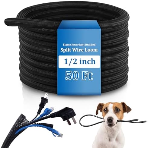 Pangda 50ft Split Wire Loom Tubing Flame Retardant Braided Cable Sleeve Split High Temperature Cable Conduit Auto Wire Conduit for Industrial Electrical Tinsel Automotive Marine(50 Ft, 1/2") by Pangda