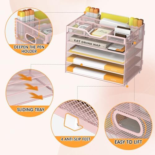 5 Tier Paper Letter Tray Desk Organizer with Pen Holders - Pink - Image 4