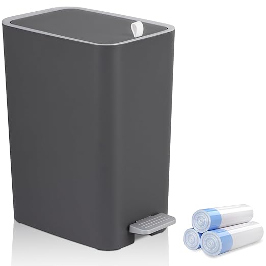 rejomiik Small Bathroom Trash Can with Lid, 3.2 Gallon Step Garbage Can with Handle, Slim Mini Wastebasket Bin for Bedroom, Office, Dorm, Dark Gray