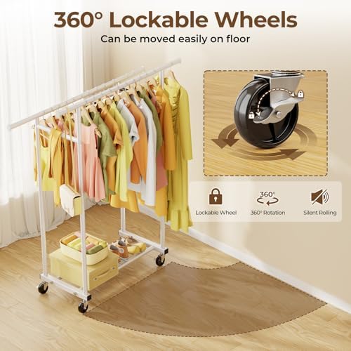 HYSEYY Double Rods Clothes Rack, Rolling Clothing Rack for Hanging Clothes Portable Wardrobe Rack, Metal Garment Rack Sturdy Coat Rack for Bedroom Laundry Living Room, White - Image 4