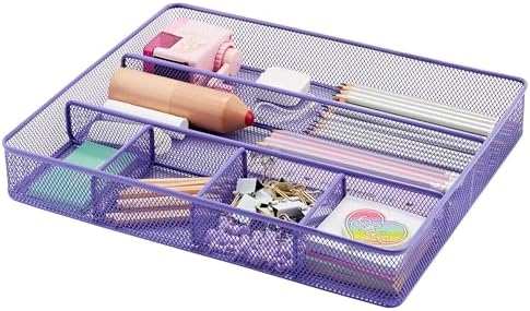 Annova Desk Top Organizer Tray for Office Organization - Metal Mesh - Storage Tray with Dividers for Pens, Desktop Accessories, Bathroom, Kitchen, Makeup and Office Supplies (Large, Purple) by LivingNecessities