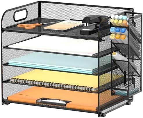 5-Tier Paper Organizer for Desk with Pen Holders, Letter Trays, Black by SUPEASY