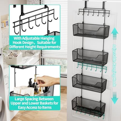 HapiRm Over The Door Organizer - Hanging Door Organizer with 4 Metal Large Capacity Baskets and Adjustable Coat Hook for Bathroom Bedroom Kitchen Pantry Closet Cabinet - Image 5