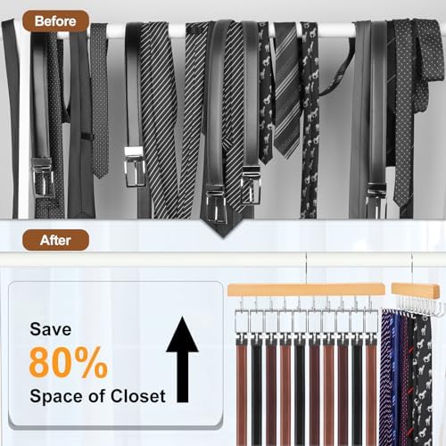 TOPIA HANGER 2 in 1 Belt Tie Hanger for Closet Max 30 Belts with 30 Ties Capacity, 20 Hooks Belt Tie Racks Wooden Hanger for Closet Organizer Storage Space Saving “U” Fit Belt and “一” Fit Tie - CT47N - Image 2