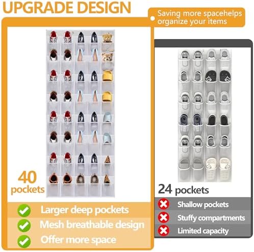 Over the Door Shoe Organizer, 40 Large Mesh Pockets Hanging Shoe Rack Organizer for Closet Behind The Door Storage Holder for Entryway Bedroom Dorm White - Image 3