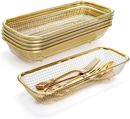 6 Pack Gold Silverware Kitchen Drawer Organizer, ​​Stainless Steel Silverware Tray for Drawer, Utensil Holder for Party, Cutlery and Flatware Basket for Knife, Fork, Spoon, 12 × 5 × 2IN by Mezchi