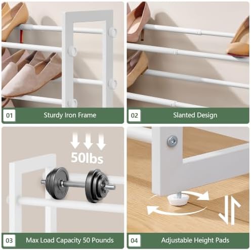 FAVOOSTY 4-Tier Expandable Shoe Rack, Adjustable Shoe Shelf Storage Organizer Space Saving Metal Free Standing Shoe Rack for Entryway Closet Doorway, White - Image 6
