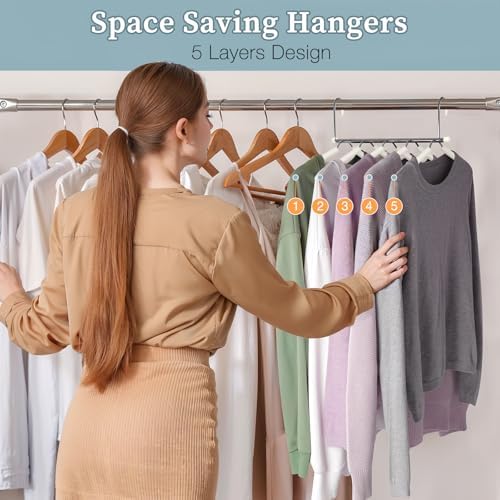 Space Saving Shirt Hanger 5 in 1 Non Slip Coat Hanger Beige 4 Pack - Image 4