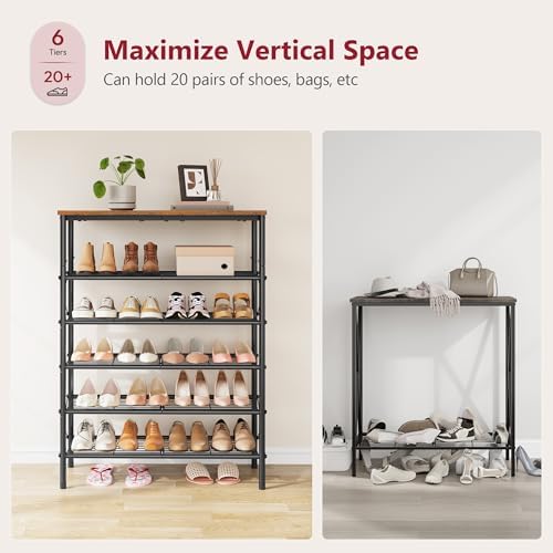 Tajsoon 6 Tier Shoe Rack for 20-24 Pairs of Shoes, Rustic Brown & Black - Image 4