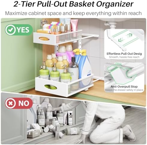 Under Sink Organizer, 2-Pack Pull Out Cabinet Organizer 2 Tier Metal Slide Out Storage Shelf Rack, L-Shaped Adjustable Height,Mesh Sliding Drawer for Kitchen, Bathroom, Laundry, Pantry, White, XL - Image 4