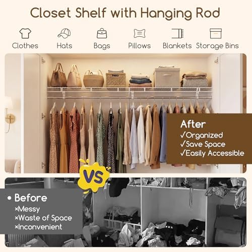 COSTWAY Closet Shelves Wall Mounted, Ventilated Shelf with Hanging Rod - Image 4