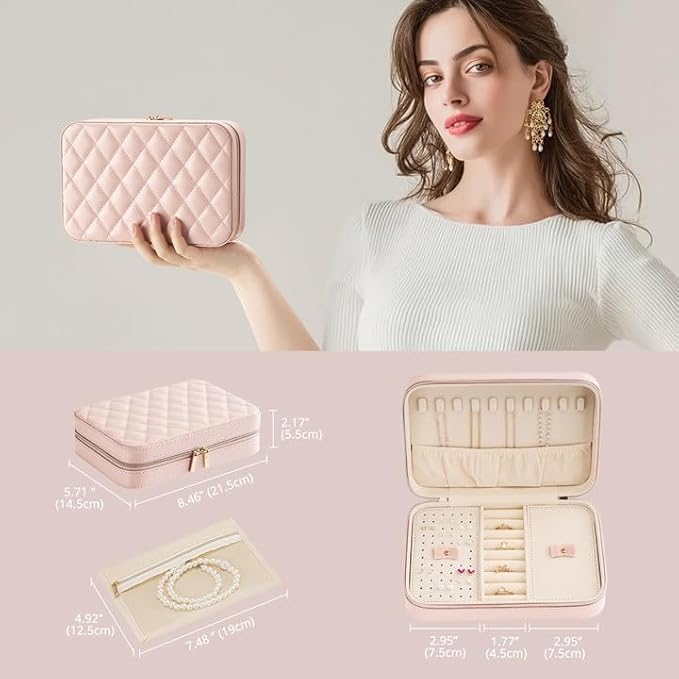 Lolalet Travel Jewelry Case for Women Girls, Travel Jewelry Organizer Box with Mirror & Clear Storage Bag, Small Portable Earring Necklace Bracelet Ring Case, Birthday Valentine Gifts -Medium, Pink