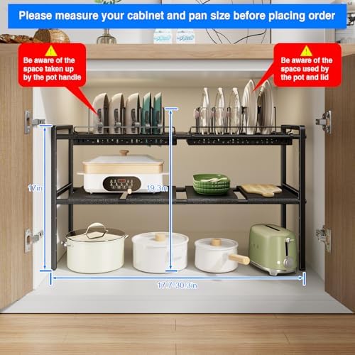 Mustorn Pots and Pans Organizer Under Cabinet, Expandable 2 Tier Under Sink Organizers and Storage Adjustable Height Kitchen Pot and Pan Lid Holder Rack with 12 Dividers Under Cabinet Shelf(Black) - Image 6
