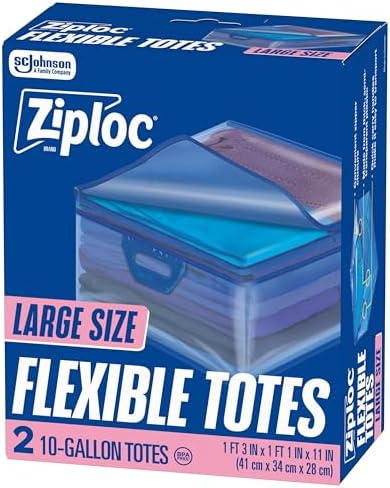 Ziploc Flexible Totes, Large Size, 10 Gallon, 2 Count Organizing Tote with Zipper and Built‑In Handles, Flexible & Stackable Clothing and Home Storage Bag by Ziploc