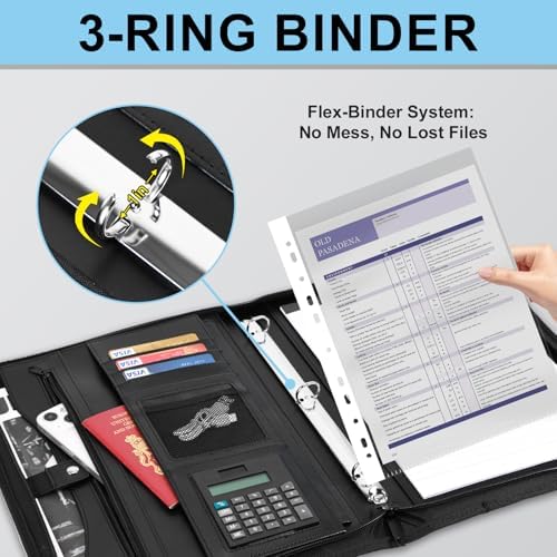 Eshow Portfolio Organizer - 3 Ring Binder with Zipper, Vegan Leather Business Padfolio Folder with Notepad Includes 10 Clear Sheet Protectors for Documents Files for Men Women - Image 5