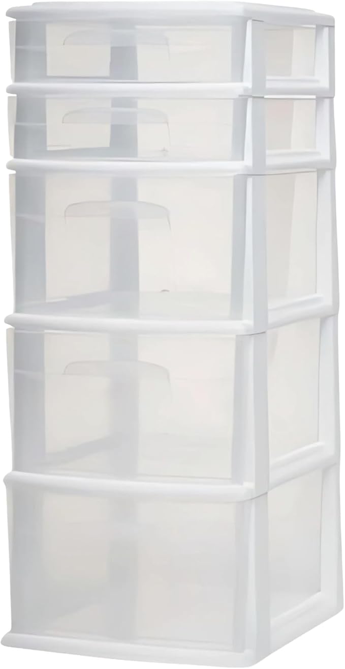 HOMZ 5-Drawer Storage Cart, Clear Plastic Drawers, 14.25" Wide Medium, White Frame - Organizing Drawer Containers for Home, Bathroom, Office, and Classroom