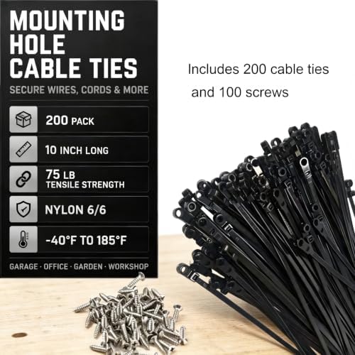 200 PCS 10 in black zip ties, 100 screws, cable ties with screw holes 75lb - Image 2