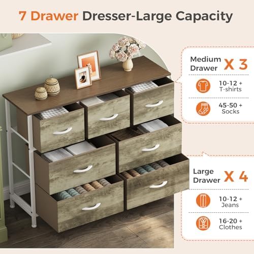 Sweetcrispy 7 Drawer Dresser for Bedroom Storage with Fabric Bins, Oak - Image 4