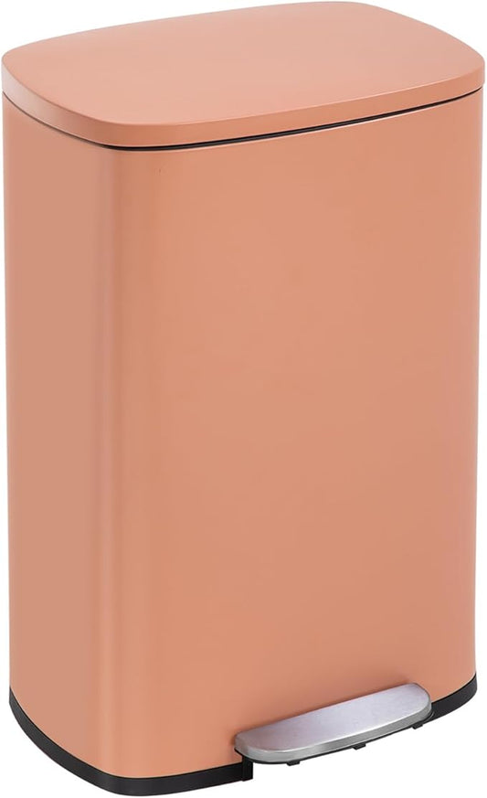 FDW | 13 Gallon Trash Can with Lid | Pink | Fingerprint-Proof | Made of Brushed Stainless Steel | Soft-Close Step Pedal | Hands-Free Use | Easy to Clean | for Kitchen, Office, Bathroom
