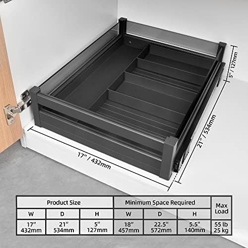 YOHOM Pull Out Cabinet Organizer – 17" W x 21" D Aluminum & Glass Drawer Organizer with Removable Dividers, Heavy Duty Pull Out Shelf for Kitchen Cabinets, Sliding Storage Tray, DIY Single Tier - Image 3