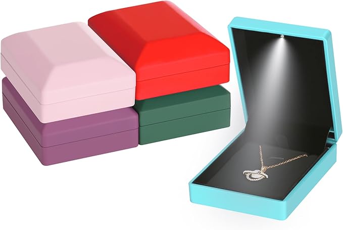 LED Light Pendant Necklace Gift Box, Velvet Jewelry Storage Display Case for Proposal Engagement Wedding Anniversary Birthday Valentine's Day (Blue Style 2)