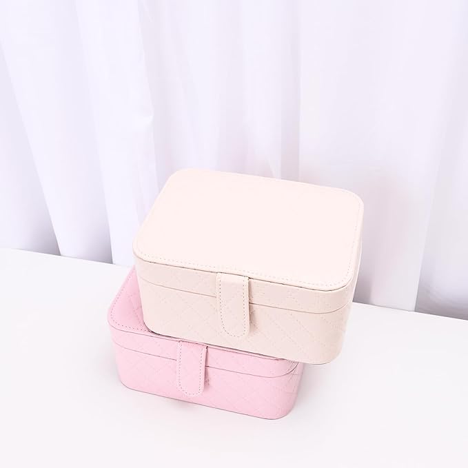 Jewelry Travel Case, 2-Layer Jewelry Box Organizer Medium Jewelry Travel Box, Portable Faux Leather Jewellery Storage Boxes with Argyle for Women, Daily Jewellery Case Home Use (Apricot beige)