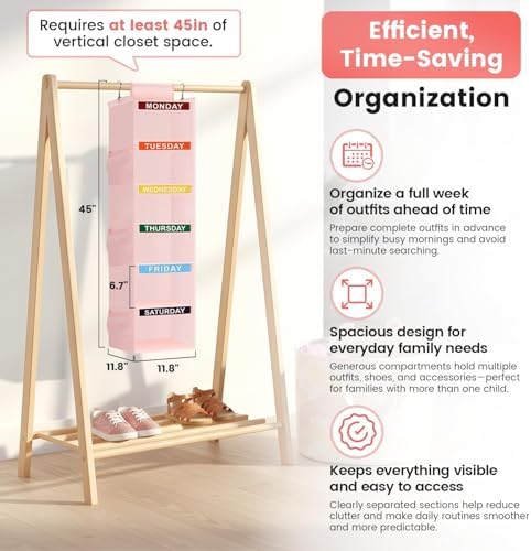 Weekly Clothes Organizer for Kids, 6-Shelf Kid Hanging Closet Organizer w/ 6 Side Pockets, Labeled Weekly Outfit Organizer for Kids, Days of The Week Clothes Organizer Monday Through Friday Pink - Image 2