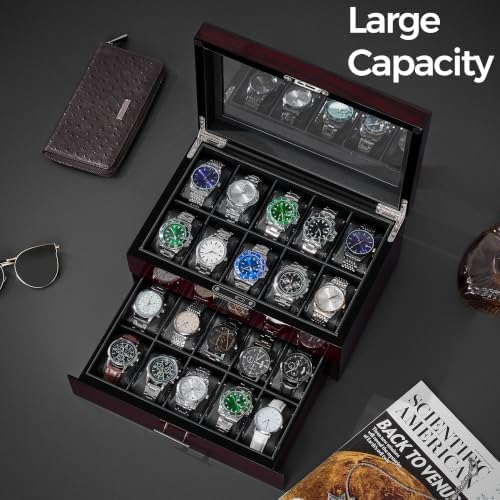 ANWBROAD Watch Box 20-Slot Wooden Watch Case Organizer with Large Glass Lid - Image 2