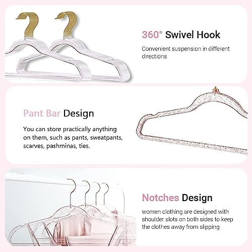 Pink Clothes Hangers 16", 40 Pack Plastic Clear Coat Hanger for Adult Closet, Durable Bling Ganchos de Ropa with Swivel Hook, Notched Shoulders & Ultra-Thin Space Saving Laundry Hanger for Dress Suits - Image 3