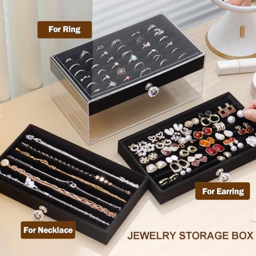 SPAKOWN Ring Box Display Holder, Clear Velvet Jewelry Storage Tray Organizer for Ring Stud Earring (Black - 3 Drawers) - Image 5