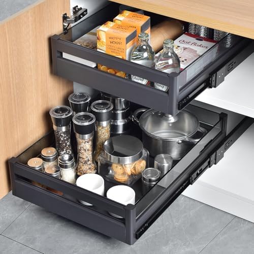 YOHOM Pull Out Cabinet Organizer – 17" W x 21" D Aluminum & Glass Drawer Organizer with Removable Dividers, Heavy Duty Pull Out Shelf for Kitchen Cabinets, Sliding Storage Tray, DIY Single Tier by Yohom