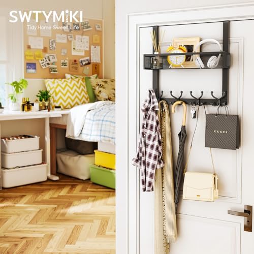 SWTYMIKI Over The Door Hook with 16 Hooks & Mesh Baskets - Heavy Duty Over The Door Organizer Hanger for Towels, Coats, Clothes - Space Saving Hanging Rack for Bathroom, Living Room, Black - Image 4