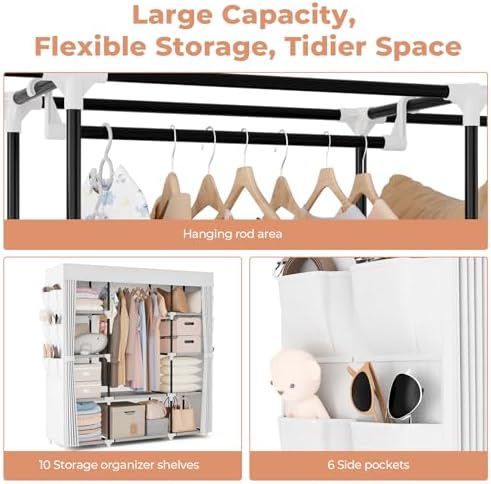 VTRIN Portable Closet Wardrobe for Hanging Clothes 57.3 Inch Large Capacity Clothes Rack with Cover, 10 Storage Organizer Shelves, 1 Hanging Rods and 6 Pockets, Free Standing Closet, White - Image 7