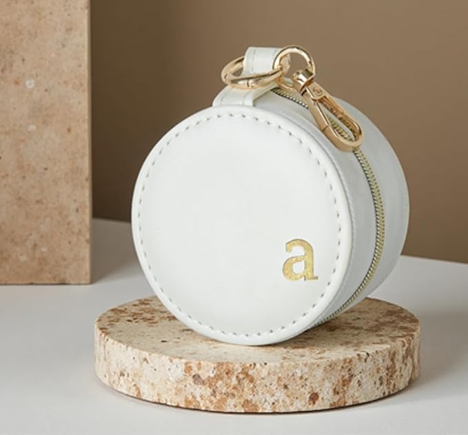 COLLECTIVE HOME - Monogrammed Letter Jewelry Case, Portable Travel Ring Holder Box with Keychain, Personalized Initial Organizer for Earrings Necklaces, Gift for Her (White-a)