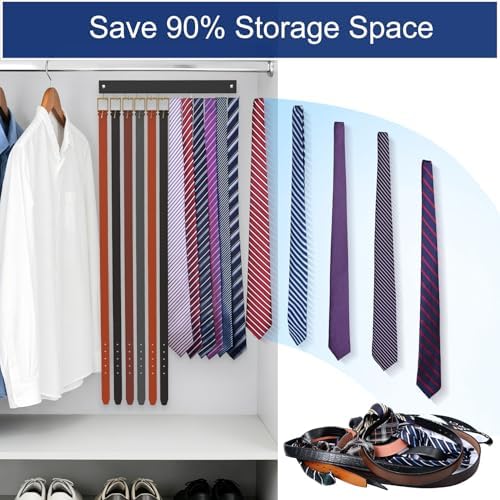 2 Pack Belt Hanger Wall Mount, Large Capacity Tie and Belt Organizer for Wall with 24 180°Rotating Non Slip Hooks, Heavy-Duty Wooden Tie Rack Space Saving Closet Organizers and Storage, Black - Image 2
