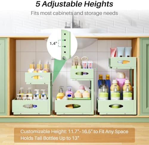 Under Sink Organizer, 2-Pack Pull Out Cabinet Organizer 2 Tier Metal Slide Out Storage Shelf Rack, L-Shaped Adjustable Height,Mesh Sliding Drawer for Kitchen, Bathroom, Laundry, Pantry, Green, XL - Image 5