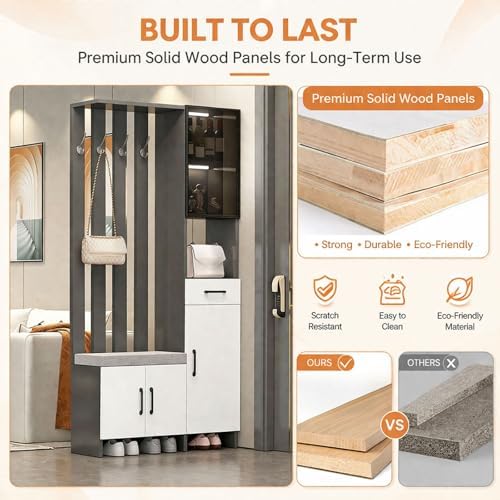 Wall Room Divider with Storage, 78.7" Tall Entryway Hall Tree Room Partition with Shoe Cabinet,Freestanding Wood Privacy Screen with Coat Rack, Bench & Glass Display(Gray+Left Side,100cm/39.5in) - Image 5