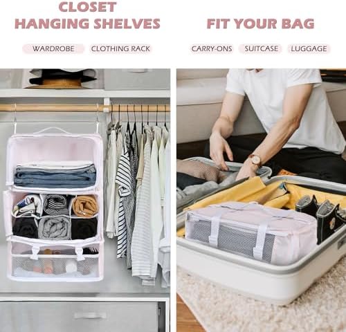 Surblue Hanging Shelves Travel Storage Bag Compression Packing Cube for Suitcase Portable Closet Organizer Collapsible with Extension Layer Large Capacity,Pink,XXL - Image 2