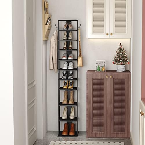 HOMEFORT 10-Tier Vertical Shoe Rack, Corner Shoe Tower, Slim Shoe Organizer with Two Hanging Hooks, Wooden Shoe Storage Stand for Entryway, Hallway, Closet (Black) - Image 4