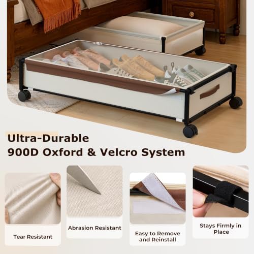 OMAIRA Under Bed Storage with Wheels, 2-Pack Splittable into 4-Pack, Easy Hook-and-Loop Assembly, Underbed Shoe Storage Organizer with Clear Lids & Rolling Drawers for Clothes, Shoes & Toys - Image 6
