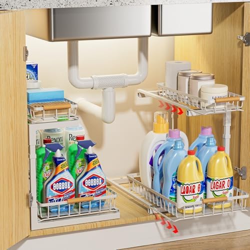 Delamu Under Sink Organizer 2 Pack, Pull Out Cabinet Organizer for Kitchen Sink, 2 Tier Metal Slide Out Shelf Caddy for Bathroom Storage, 5 Adjustable Heights for Pantry & Laundry Room, Cream by DELAMU