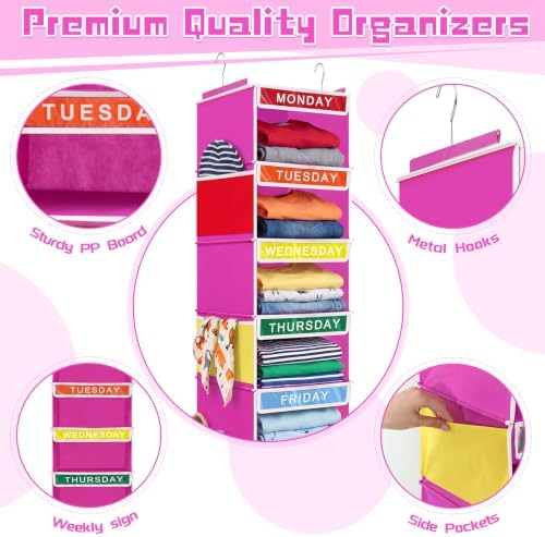Amylove 2 Pcs 7 Shelf Weekly Clothes Organizer for Kids Hanging Closet Organizer 11. 8 x 11. 8 x 50 Inch Daily Activity Kids Clothes Storage Drawers Cube Drawers Closet Hanging Shelves(Rose Pink) - Image 3