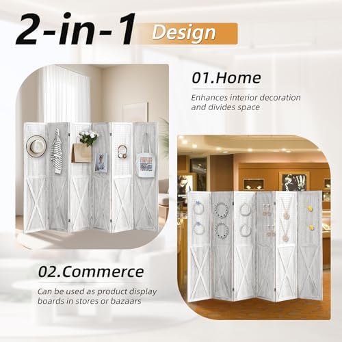 Pegboard Room Divider, 6 Panel Pegboard Display Wooden Room Divider Panel, Room Partitions and Dividers with 24 Hooks for Bedroom, Shop, Jewelry Display, White - Image 3