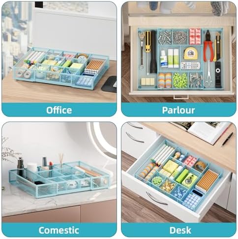 Marbrasse Expandable Desk Drawer Organizer, Mesh Drawer Organizer Tray with 10 Adjustable Compartments, Desk Organizers and Accessories for Office Supplies, Makeup & Vanity (Expandable-Blue) - Image 4