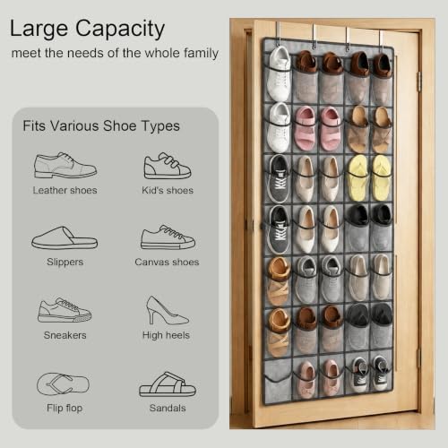 35 Pockets Over The Door Shoe Organizer, Large Breathable Mesh Hanging Shoe Rack with 4 Metal Hooks, Space Saving Gray Over Door Shoe Storage Holder Mesh Bag for Closet Entryway Bedroom Pantry - Image 2