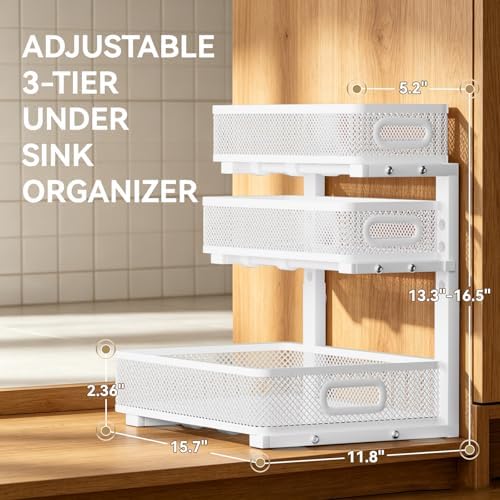 1 Pack 3 Tier Under Sink Organizer with Pull Out Drawer, Height Adjustable Heavy Duty Metal Under Cabinet Organizer, Smooth Sliding Storage Shelf for Kitchen, Bathroom Cabinet Organization, White - Image 2