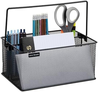 Mind Reader Multi-purpose Storage Caddy with Handle, Desktop Organizer, Cutlery Holder, 4 Compartments, Metal Mesh, Black - Image 4